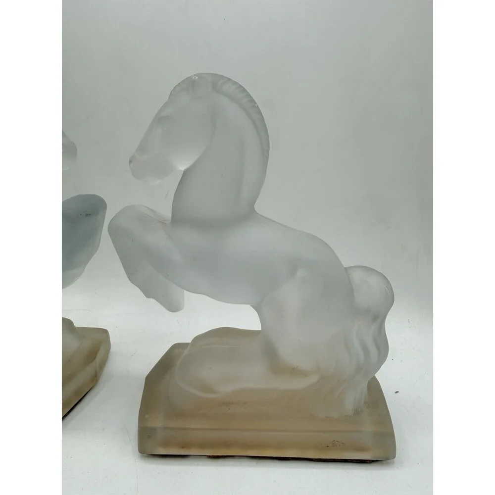 Vintage Frosted Glass Rearing Horse Bookends Art Deco Pair 8